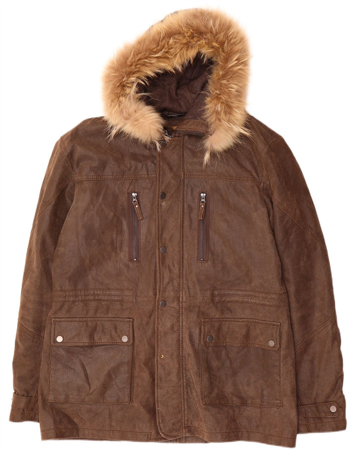 Conbipel Mens Hooded Leather Coat IT 54 XL Brown Leather
