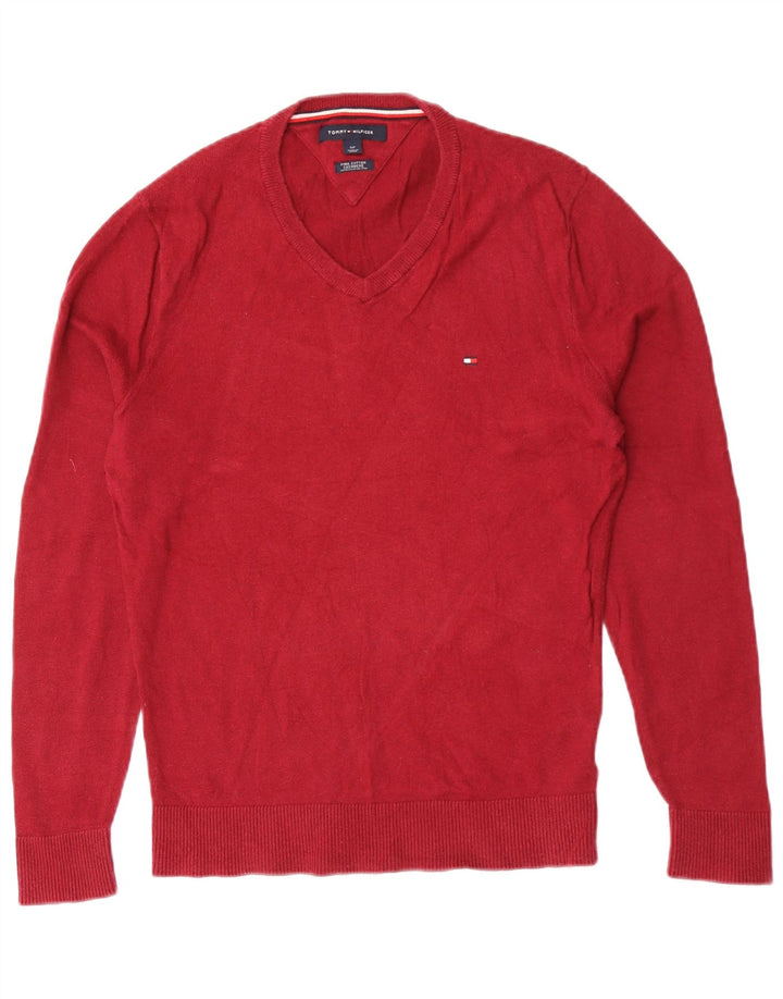 Tommy Hilfiger Mens V-Neck Jumper Sweater Small Red Cotton