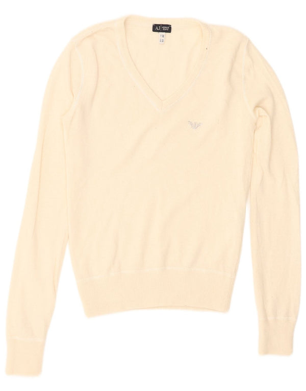 Armani Jeans Womens V-Neck Jumper Sweater UK 4 XS Off White Viscose