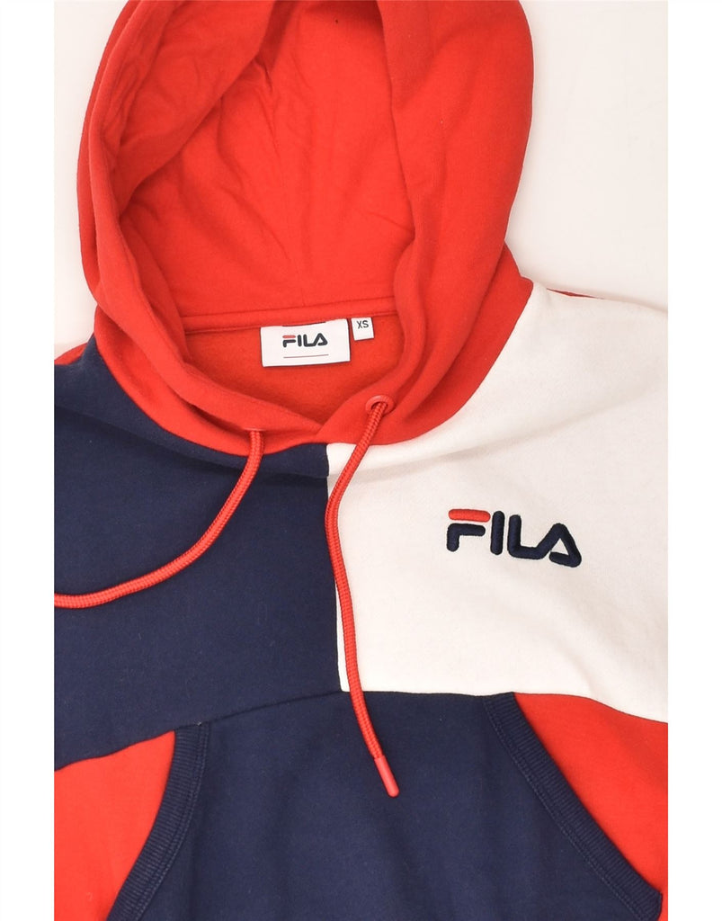 FILA Womens Oversized Graphic Hoodie Jumper UK 6 XS Red Colourblock Cotton | Vintage Fila | Thrift | Second-Hand Fila | Used Clothing | Messina Hembry 