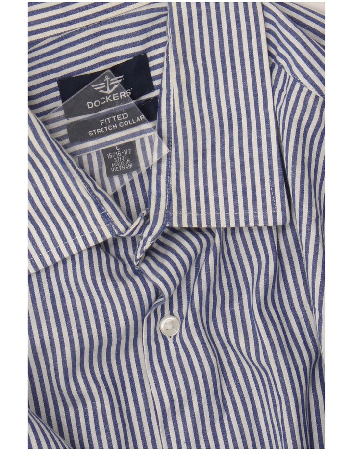Dockers Mens Fitted Shirt Size 16 16 1/2 Large Blue Striped Cotton