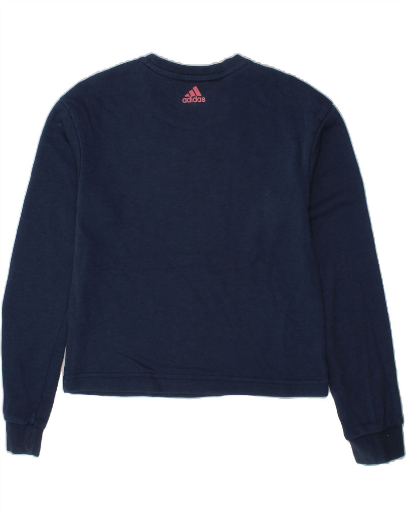 ADIDAS Girls Crop Graphic Sweatshirt Jumper 11-12 Years Navy Blue Cotton Vintage Adidas and Second-Hand Adidas from Messina Hembry 