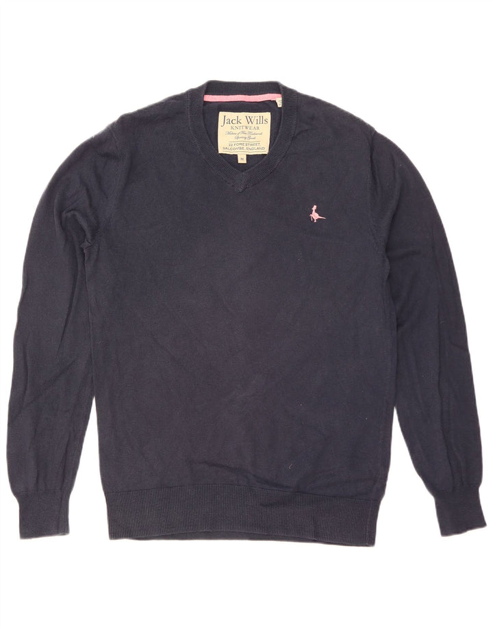 JACK WILLS Mens V-Neck Jumper Sweater Medium Navy Blue Cotton