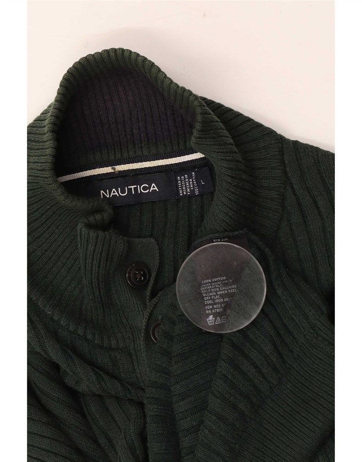 Nautica Mens Button Neck Jumper Sweater Large Green Cotton