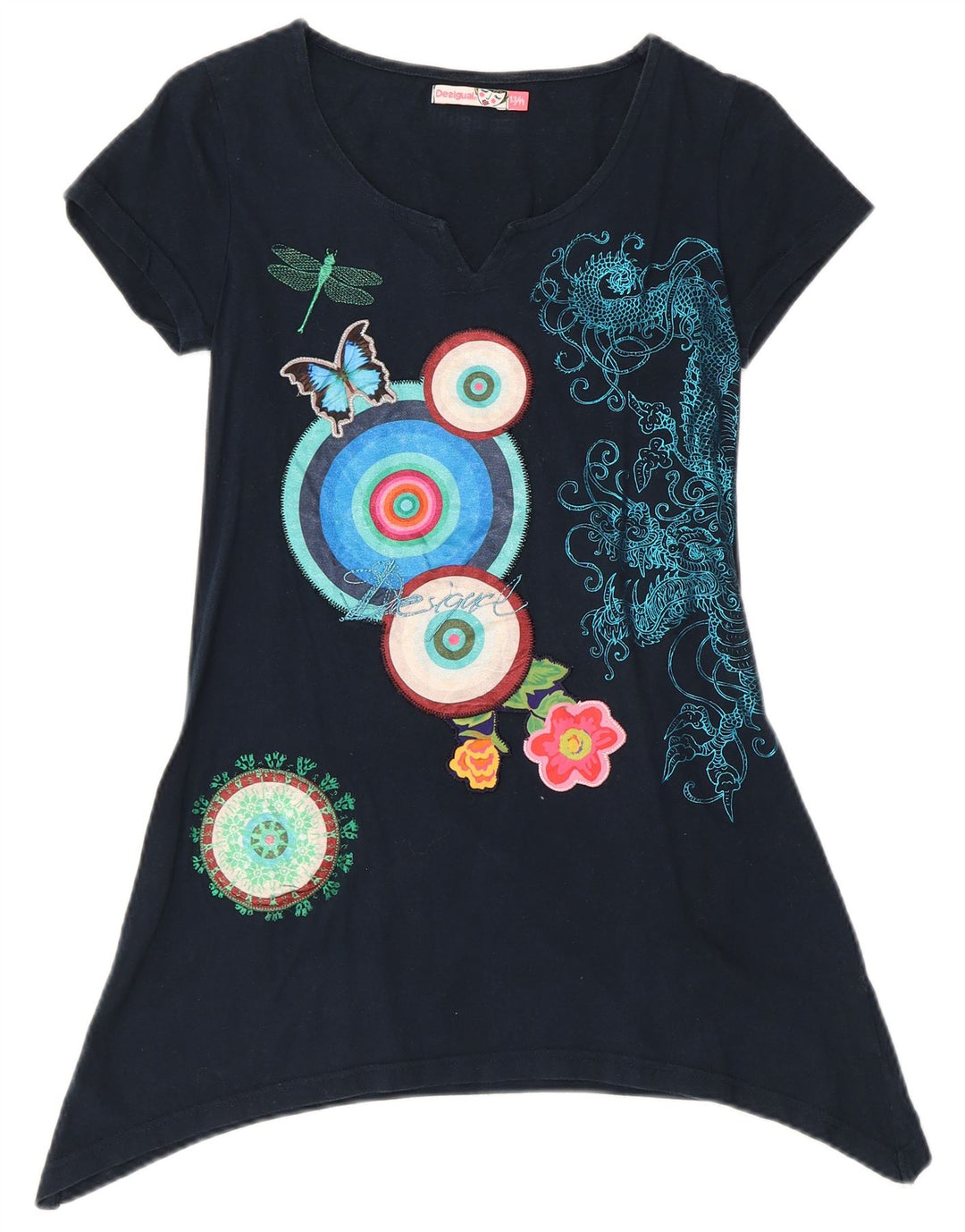 DESIGUAL Girls Graphic Asymmetric Tunic Top 13-14 Years Navy Blue Floral