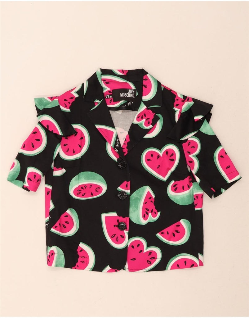 MOSCHINO Womens Graphic Short Sleeve Shirt Blouse UK 8 Small  Black Cotton Vintage Moschino and Second-Hand Moschino from Messina Hembry 