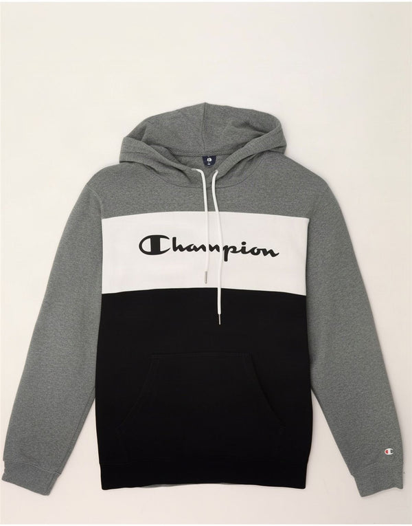 Champion Mens Graphic Hoodie Jumper Large Grey Colourblock Cotton