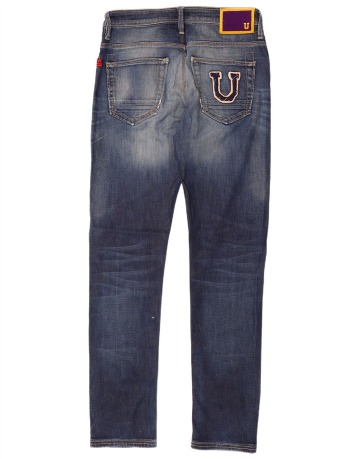 Uniform Mens Graphic Distressed Slim Jeans W32 L33 Blue Cotton