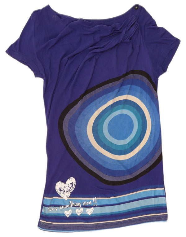 Desigual Womens Graphic T-Shirt Top UK 14 Medium Purple Geometric Viscose
