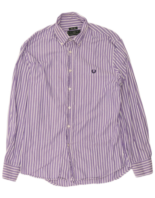 Fred Perry Mens Slim Fit Shirt Large Purple Pinstripe Cotton
