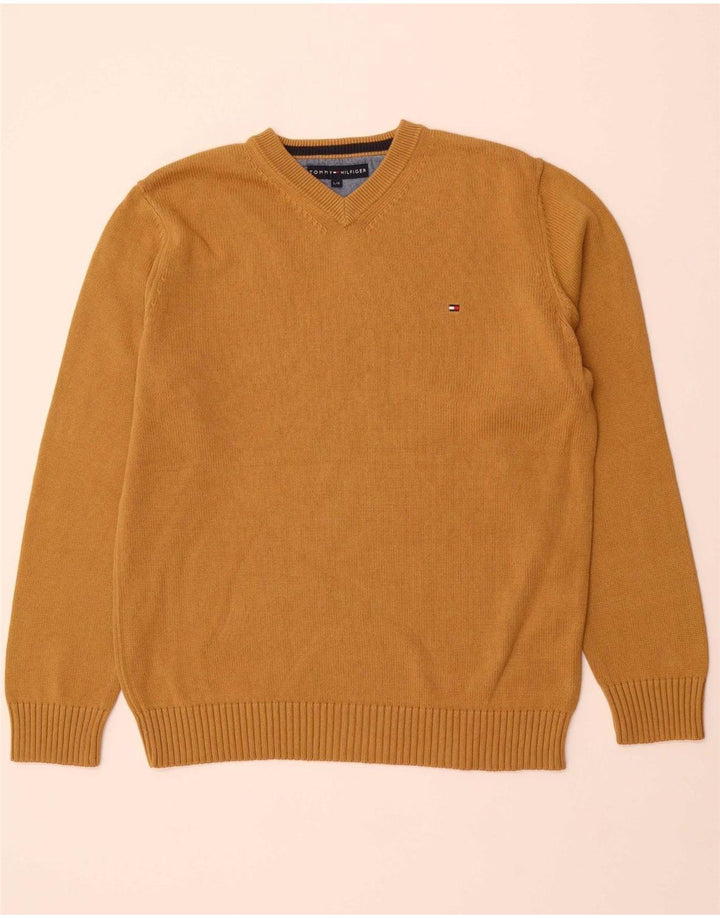TOMMY HILFIGER Mens V-Neck Jumper Sweater Large Brown Cotton