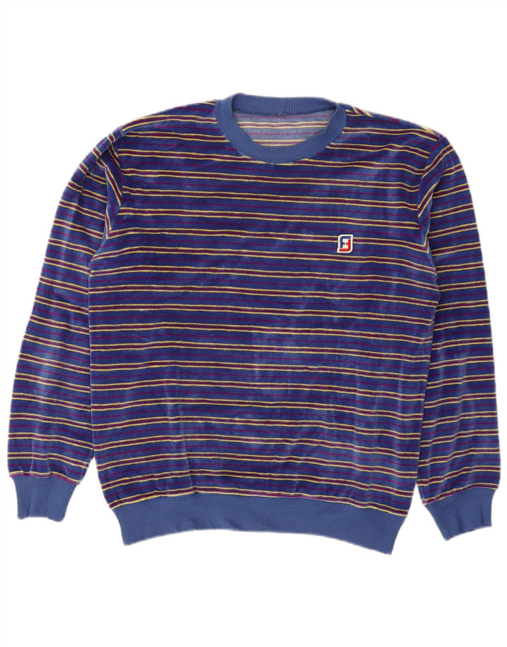 Vintage Mens Velour Sweatshirt Jumper Small Blue Striped