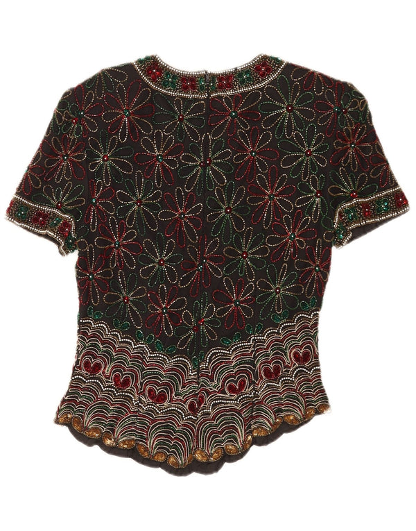 Laurence Kozar Womens Blouse Top UK 10 Small Black Floral Silk