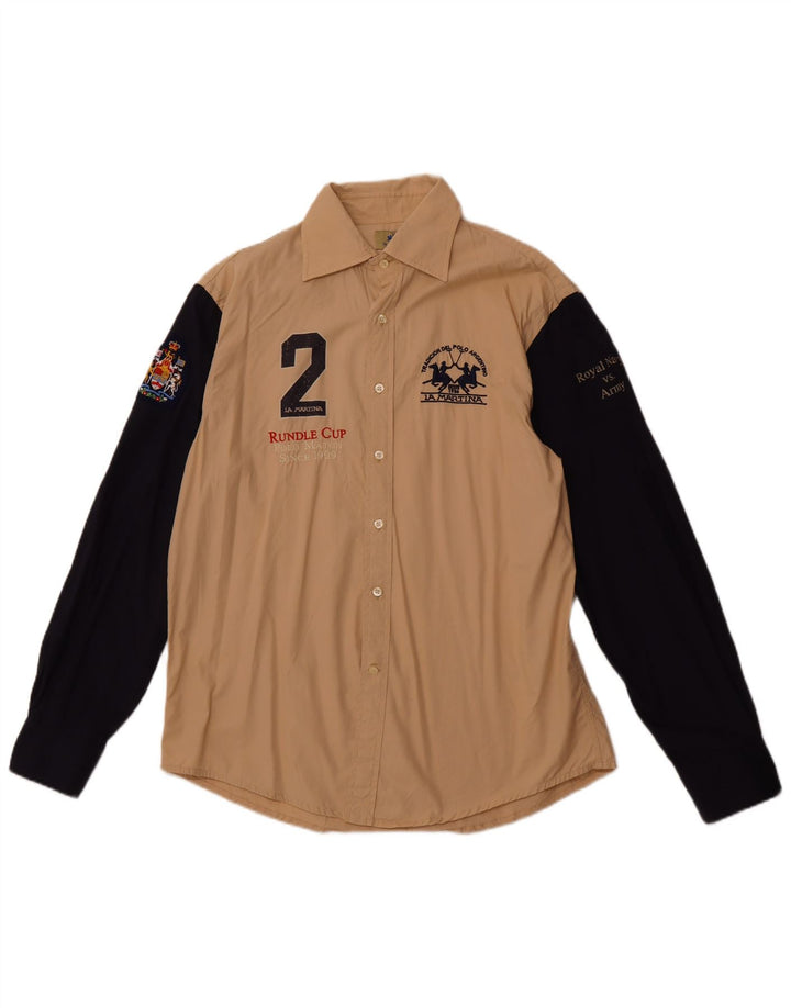LA MARTINA Mens Royal Navy Graphic Shirt XL Beige Colourblock Cotton