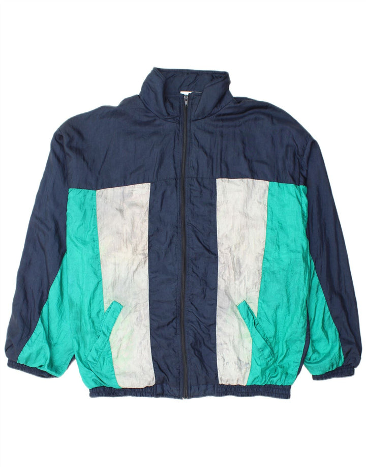 VINTAGE Mens Tracksuit Top Jacket Large Navy Blue Colourblock Polyamide