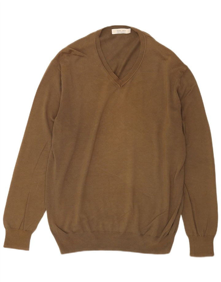 Zara Mens V-Neck Jumper Sweater XL Khaki