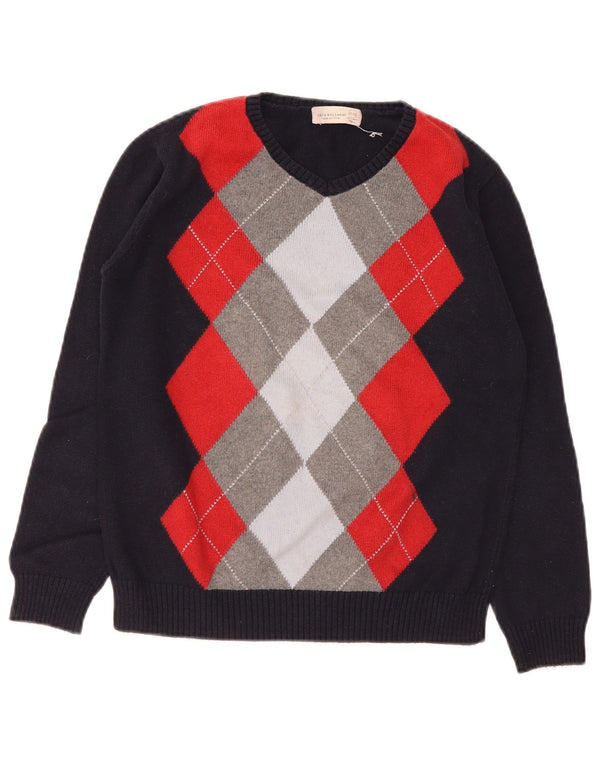 Zara Boys Crew Neck Jumper Sweater 11-12 Years Navy Blue Argyle/Diamond