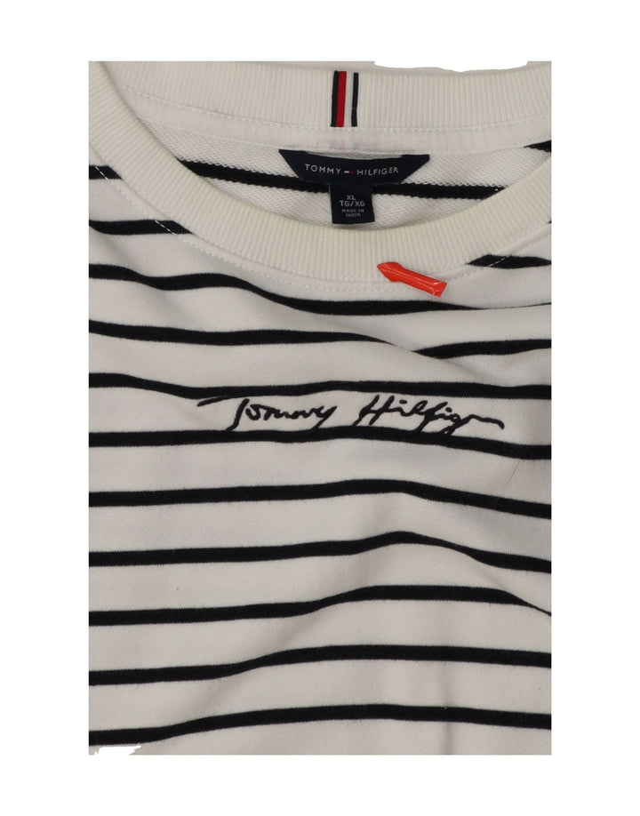 TOMMY HILFIGER Womens Oversized Sweatshirt Jumper UK 18 XL White Striped Vintage Tommy Hilfiger and Second-Hand Tommy Hilfiger from Messina Hembry 
