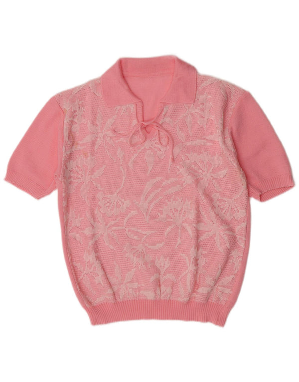 Vintage Womens Polo Neck Jumper Sweater UK 12 Medium Pink Floral Retro