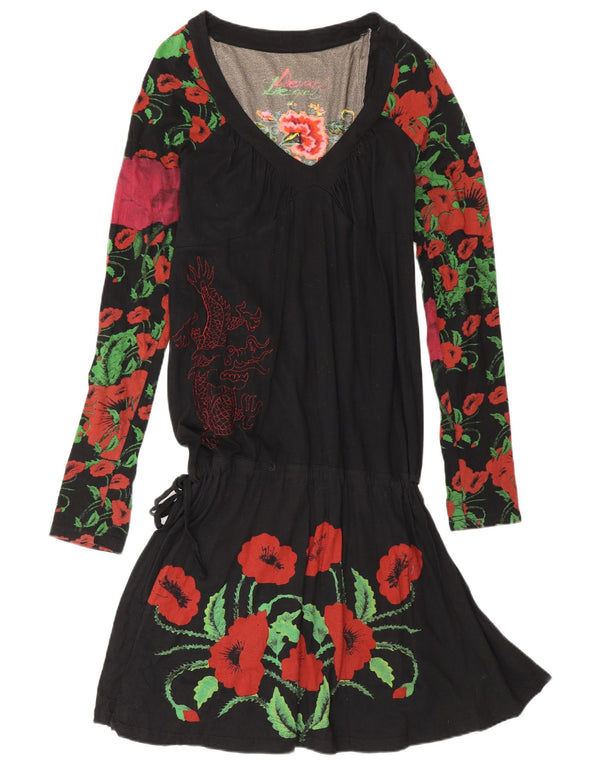 Desigual Womens Drop Waist Dress UK 18 XL Black Floral Cotton
