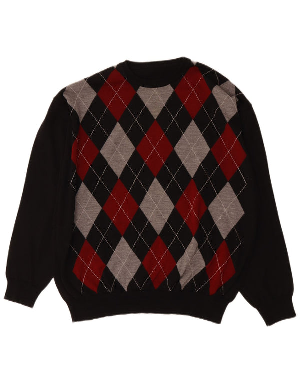 Vintage Mens Crew Neck Jumper Sweater Large Multicoloured Argyle/Diamond