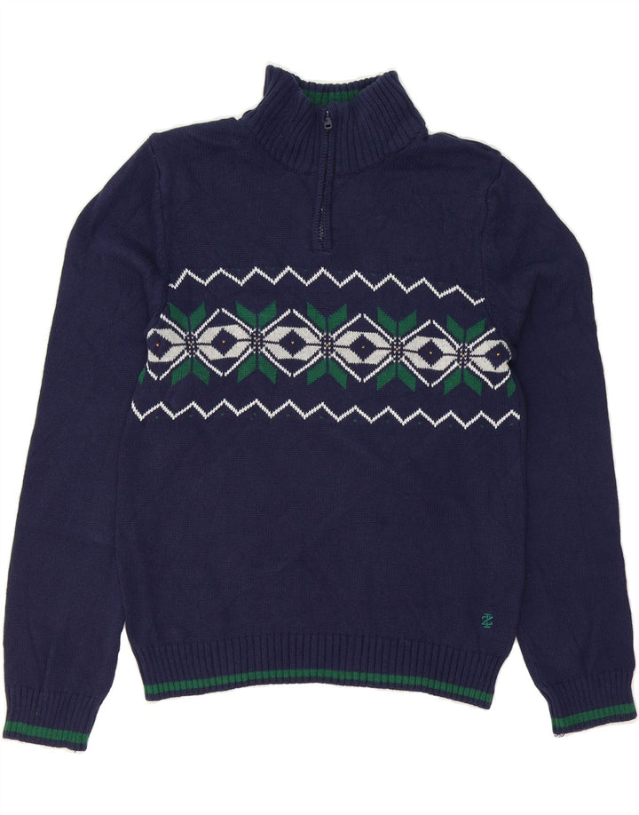 IZOD Boys Zip Neck Jumper Sweater 10-11 Years Medium Navy Blue Fair Isle Vintage Izod and Second-Hand Izod from Messina Hembry 