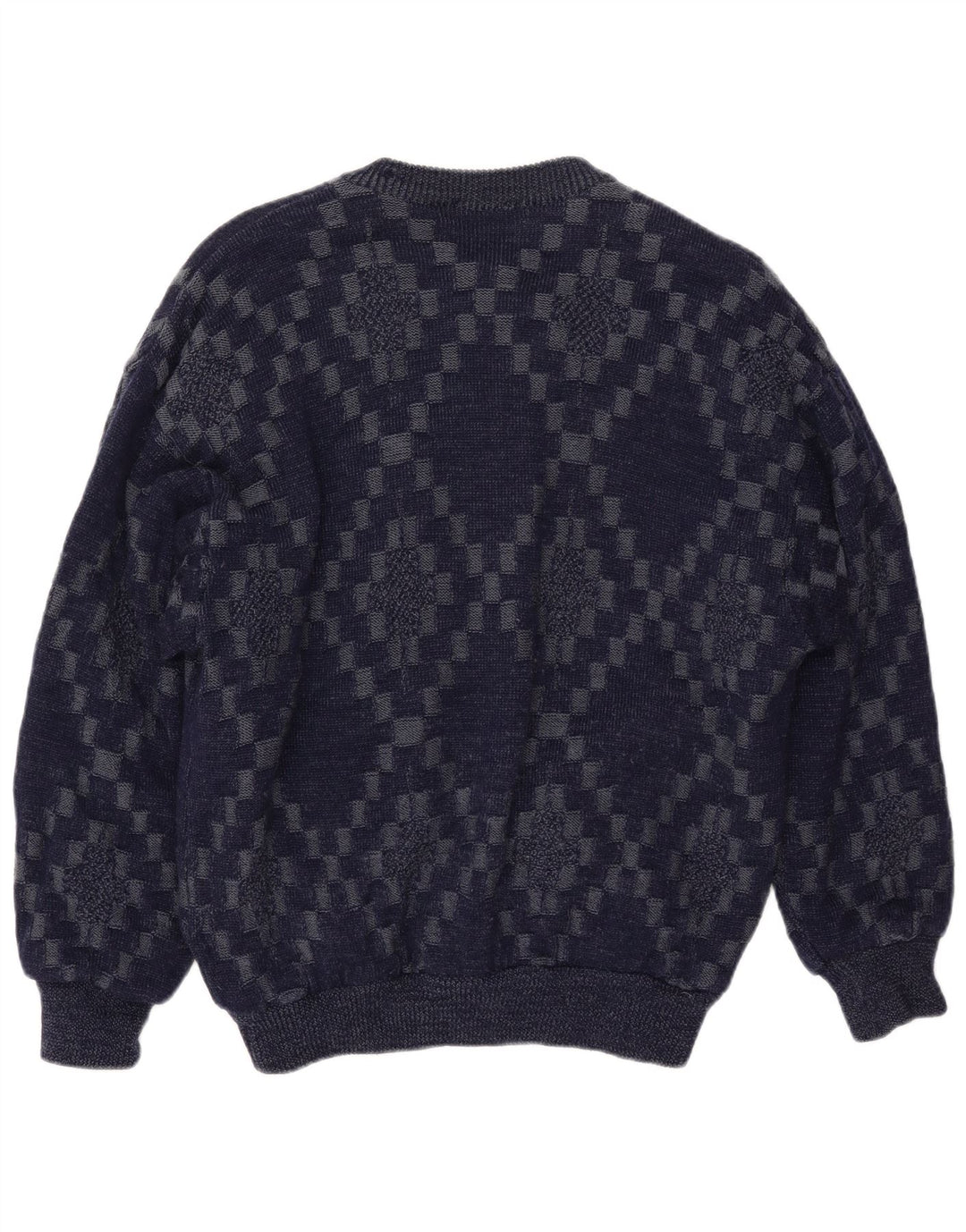 VINTAGE Mens Cardigan Sweater Large Navy Blue Geometric Viscose