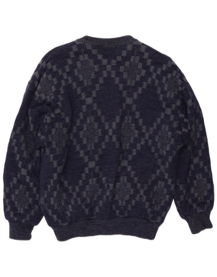 VINTAGE Mens Cardigan Sweater Large Navy Blue Geometric Viscose