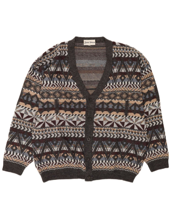 Vintage Mens Cardigan Sweater Medium Grey Geometric Wool
