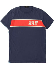 REPLAY Mens Graphic T-Shirt Top Large Navy Blue Colourblock