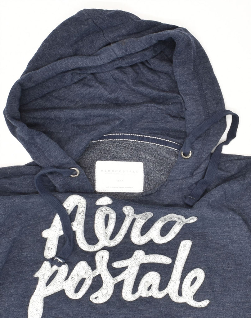 AEROPOSTALE Womens Graphic Hoodie Jumper UK 6 XS Navy Blue Cotton | Vintage Aeropostale | Thrift | Second-Hand Aeropostale | Used Clothing | Messina Hembry 