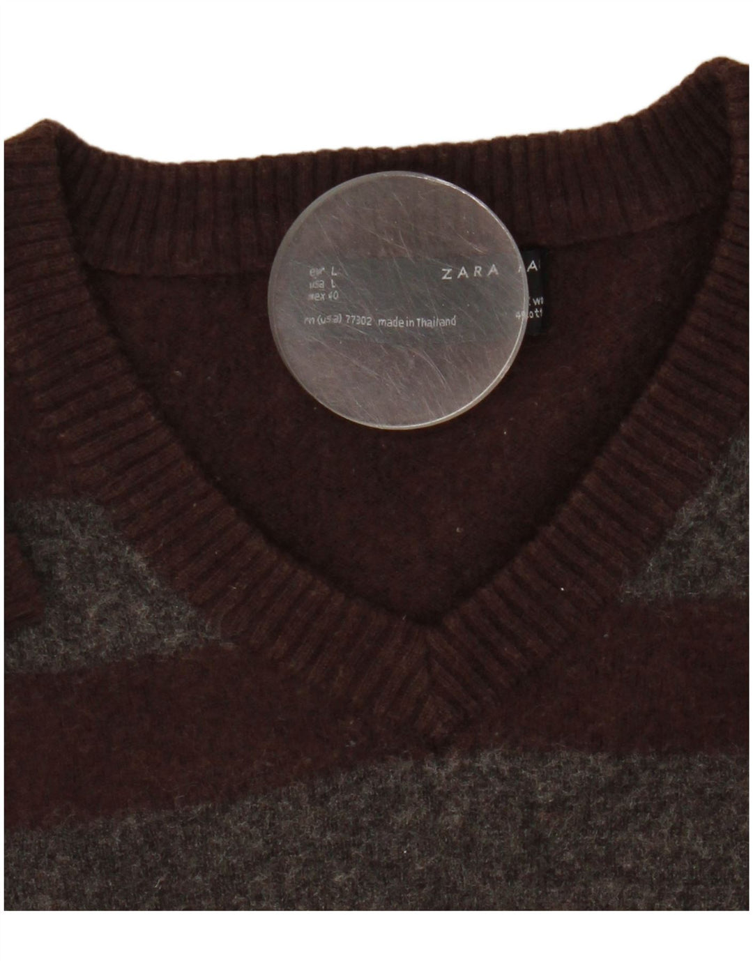 Zara Mens V-Neck Jumper Sweater Medium Brown Striped Wool