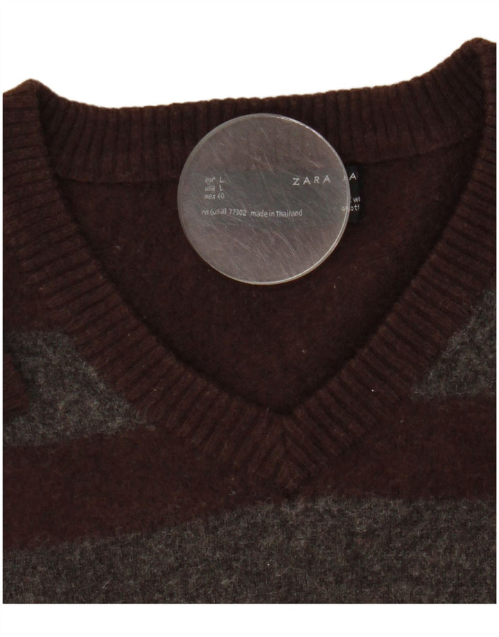 Zara Mens V-Neck Jumper Sweater Medium Brown Striped Wool