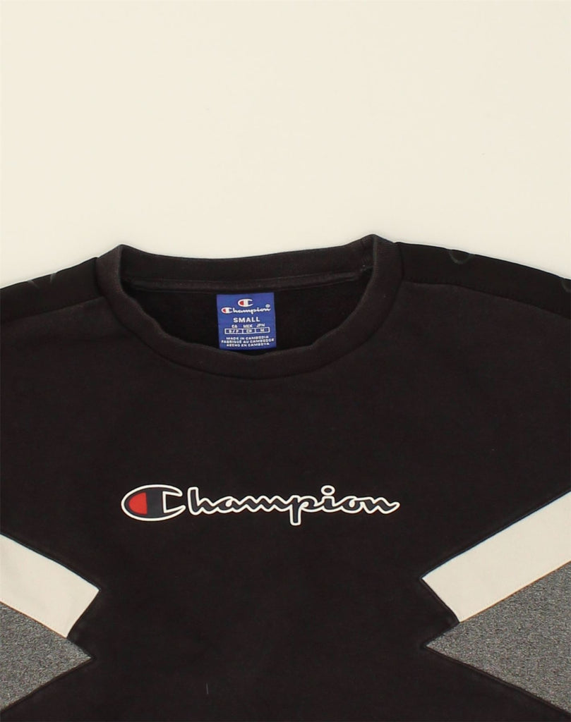 CHAMPION Mens Graphic Sweatshirt Jumper Small Black Colourblock Cotton | Vintage Champion | Thrift | Second-Hand Champion | Used Clothing | Messina Hembry 