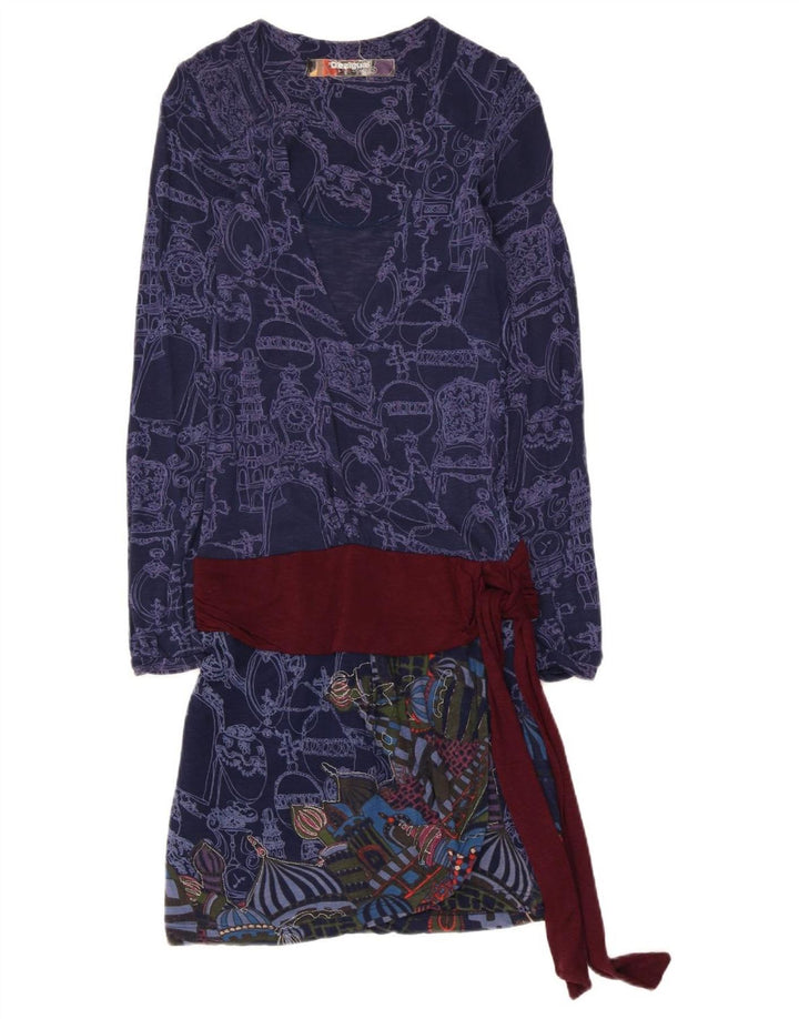 Desigual Womens Abstract Pattern Drop Waist Dress UK 8 Small Navy Blue