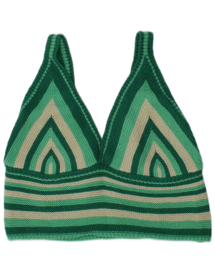 Zara Womens Knit Crop Top Medium Green Striped Cotton
