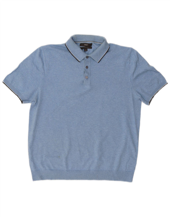Marks & Spencer Mens Short Sleeve Polo Neck Jumper Sweater Medium Blue