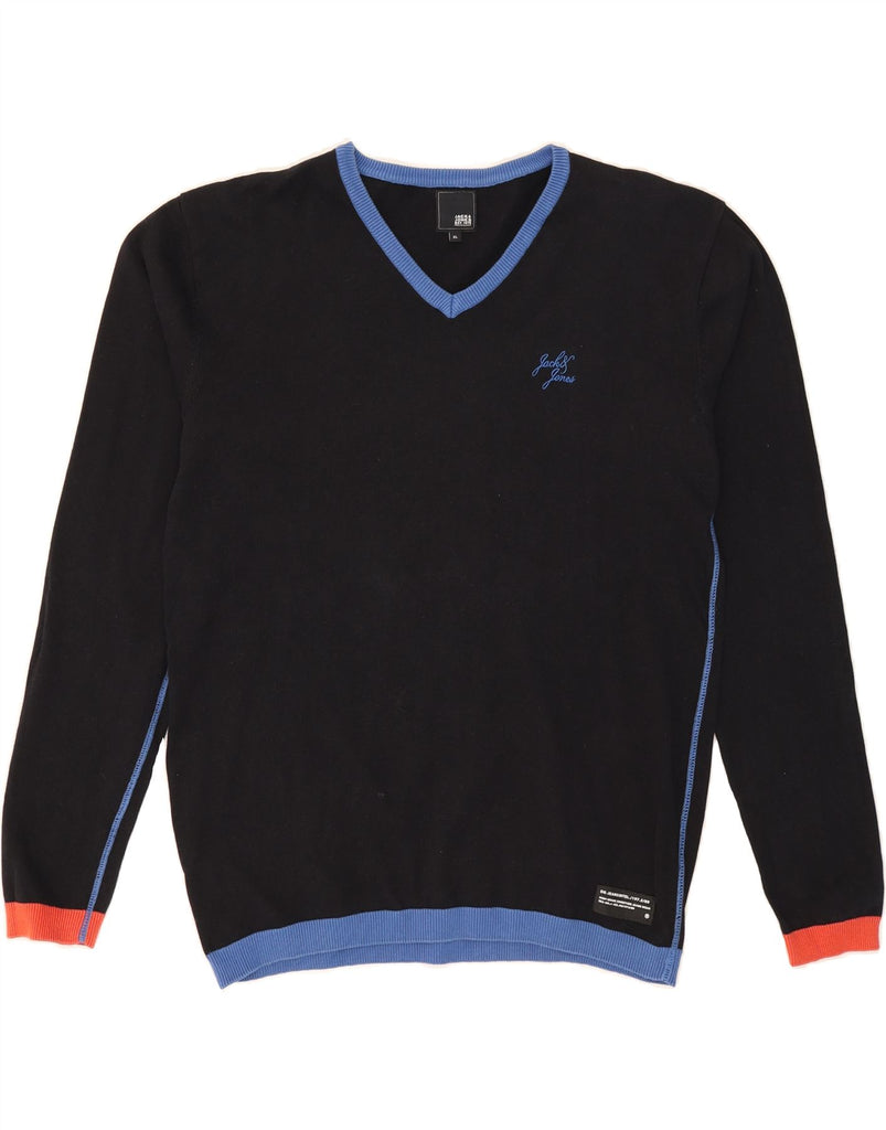 JACK & JONES Mens V-Neck Jumper Sweater XL Black Cotton Vintage Jack & Jones and Second-Hand Jack & Jones from Messina Hembry 