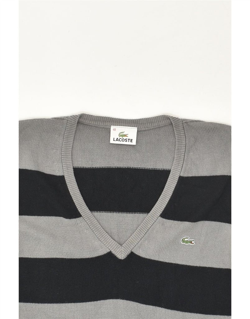LACOSTE Womens V-Neck Jumper Sweater Size 40 Medium Grey Striped Cotton | Vintage Lacoste | Thrift | Second-Hand Lacoste | Used Clothing | Messina Hembry 