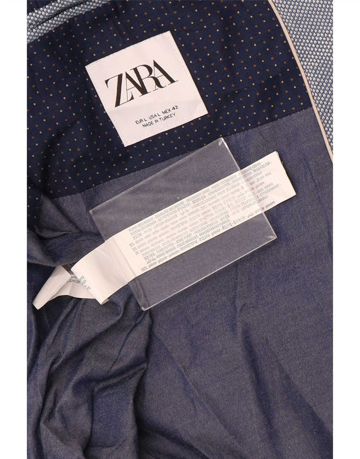 Zara Mens 2 Button Blazer Jacket UK 40 Large Blue Cotton