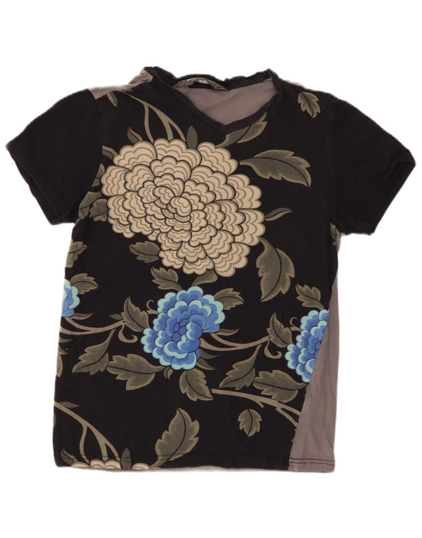 Desigual Womens T-Shirt Top UK 10 Small Black Floral Cotton