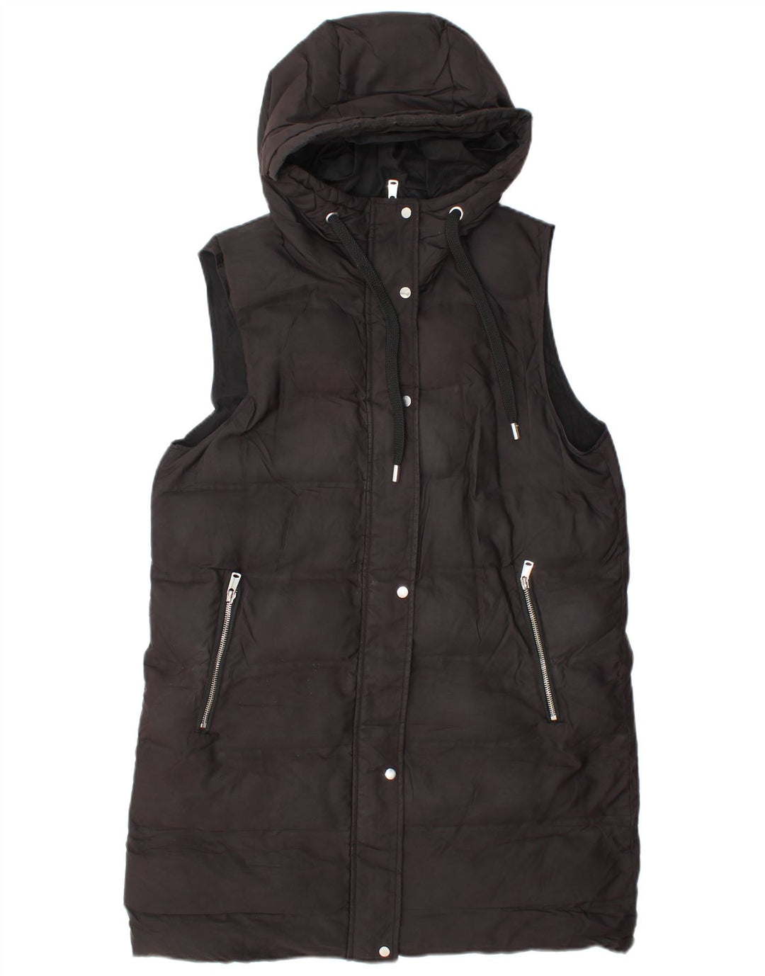 Zara Womens Longline Hooded Padded Gilet UK 14 Medium Black Polyester