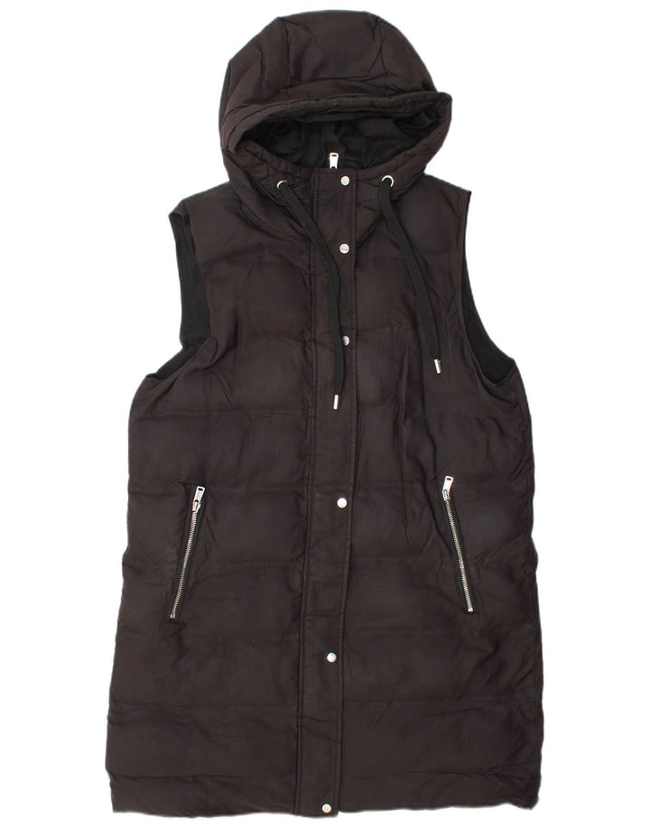 Zara Womens Longline Hooded Padded Gilet UK 14 Medium Black Polyester