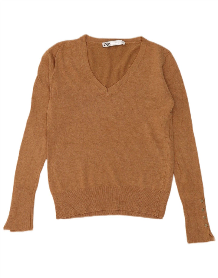 Zara Womens V-Neck Jumper Sweater UK 10 Small Beige