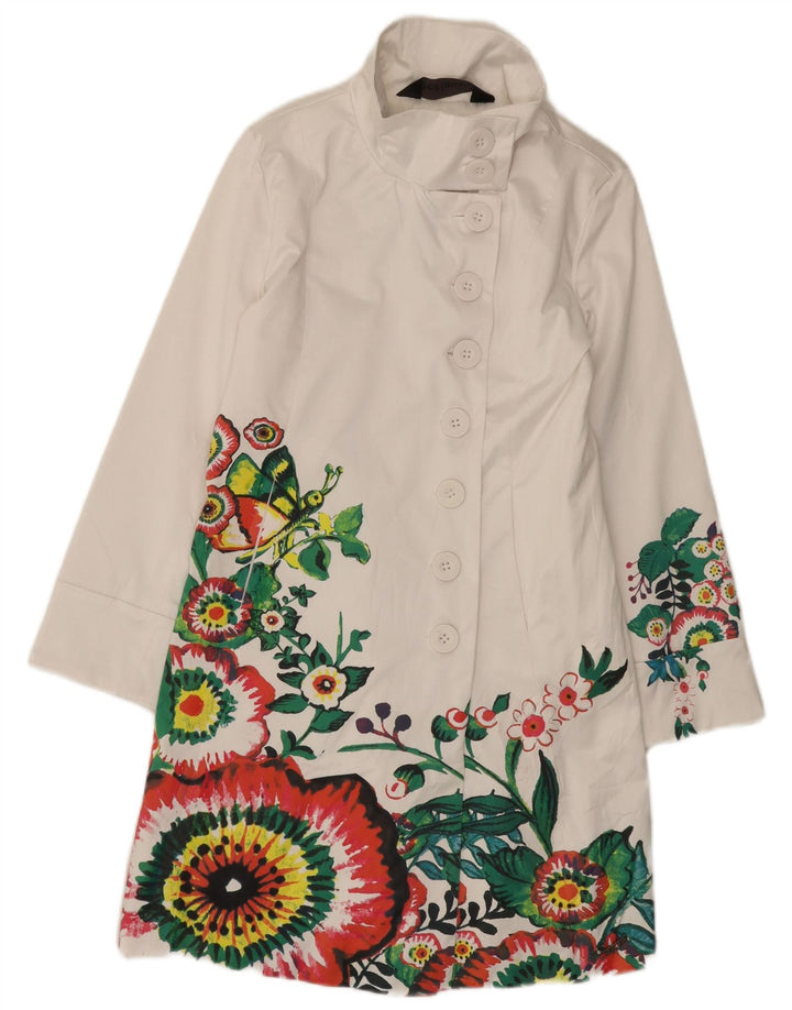 Desigual Womens Overcoat EU 38 Medium White Floral Cotton