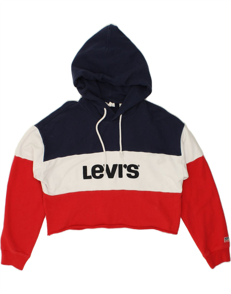 LEVI'S Womens Crop Graphic Hoodie Jumper UK 14 Medium Red Colourblock | Vintage Levi's | Thrift | Second-Hand Levi's | Used Clothing | Messina Hembry 