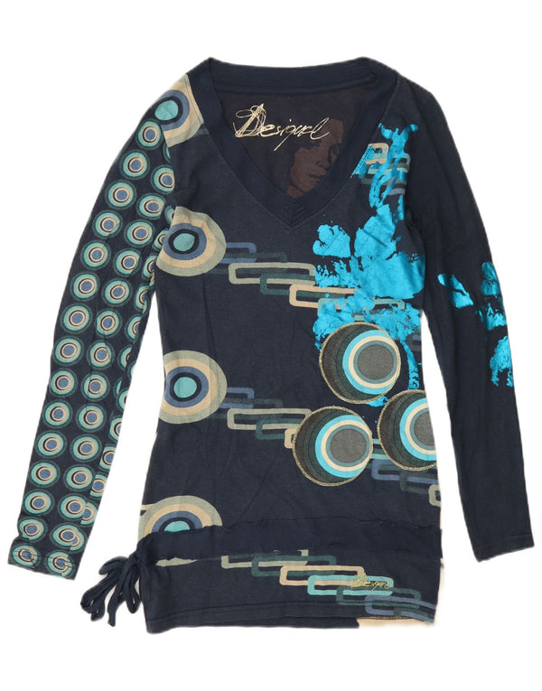 Desigual Womens Graphic Top Long Sleeve UK 6 XS Navy Blue Geometric Cotton