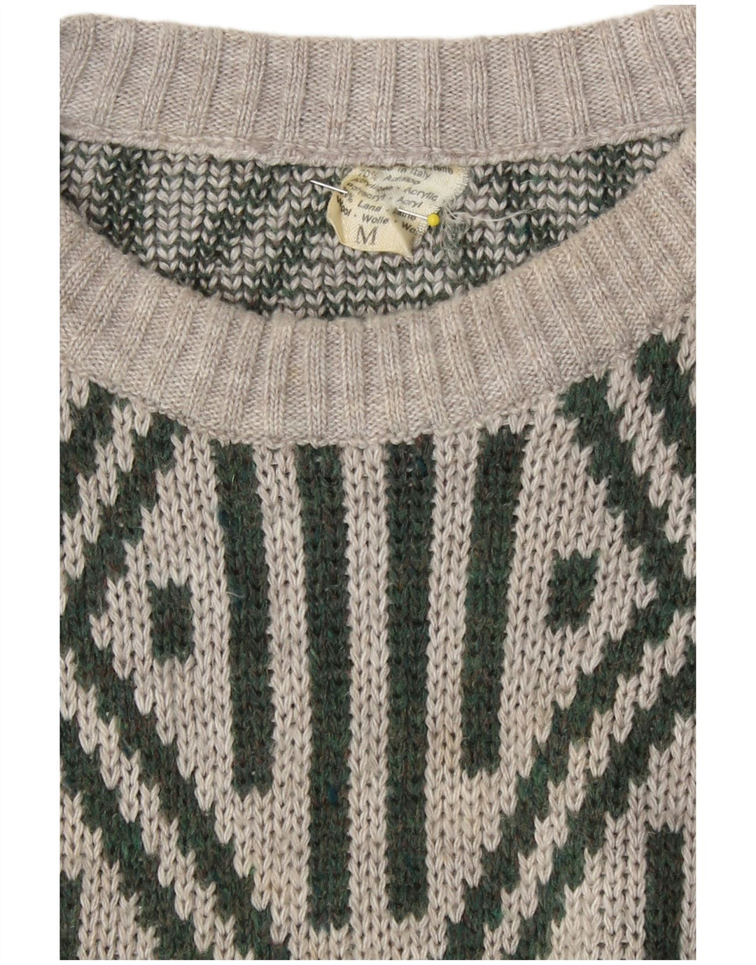 Vintage Mens Crew Neck Jumper Sweater Medium Grey Geometric Acrylic