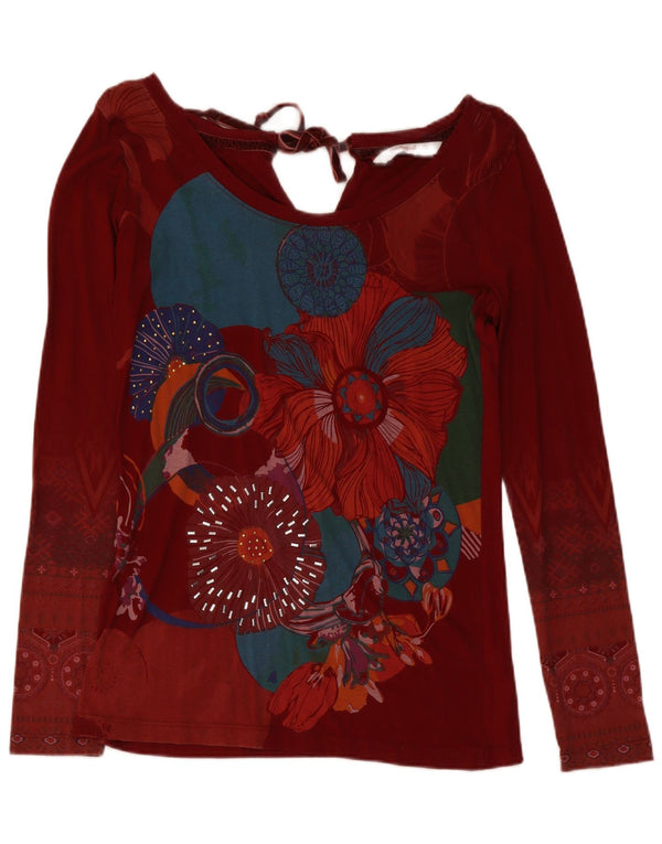 Desigual Womens Top Long Sleeve UK 10 Small Red Floral Cotton