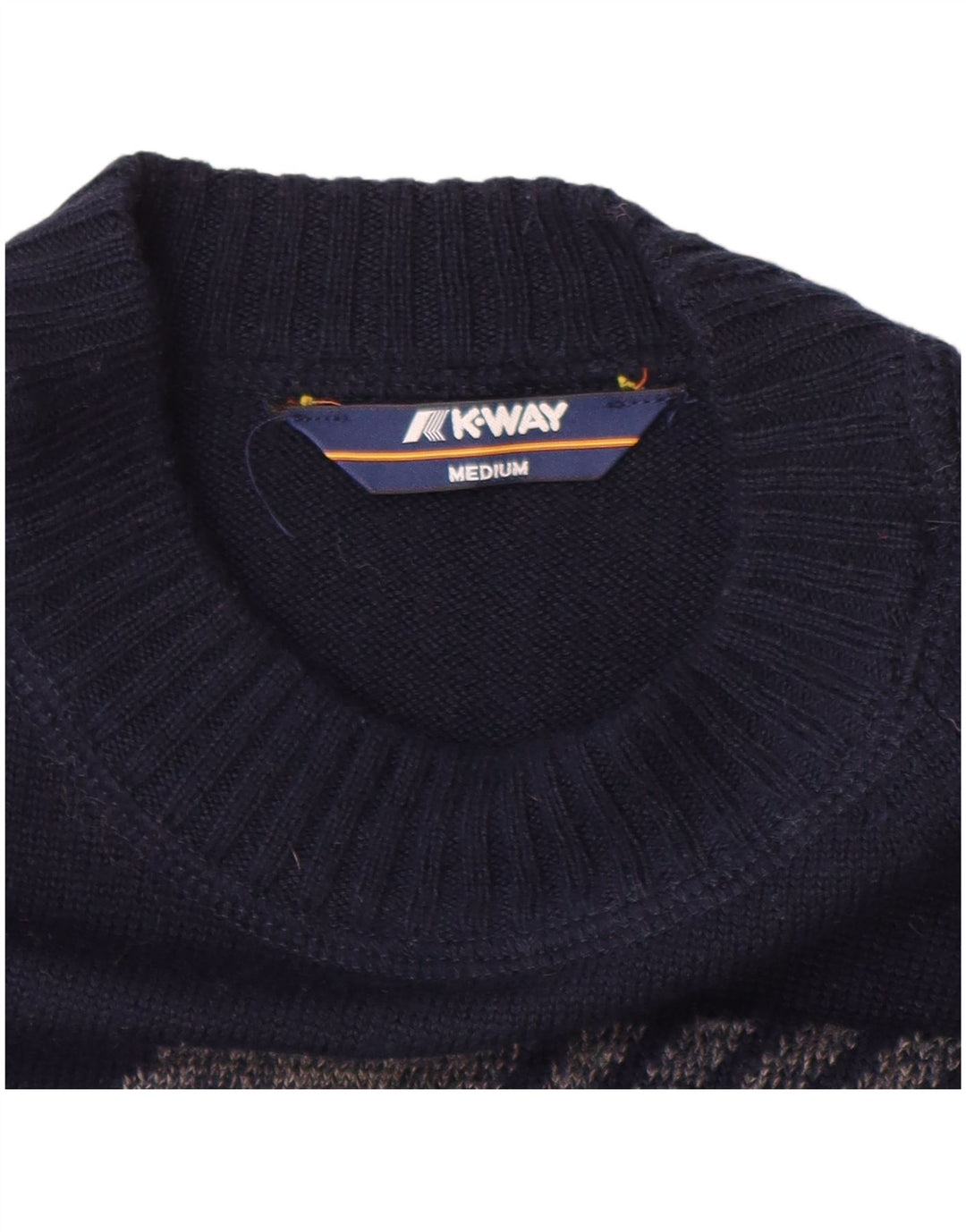 K-WAY Womens Graphic Boat Neck Jumper Sweater UK 12 Medium Navy Blue Wool